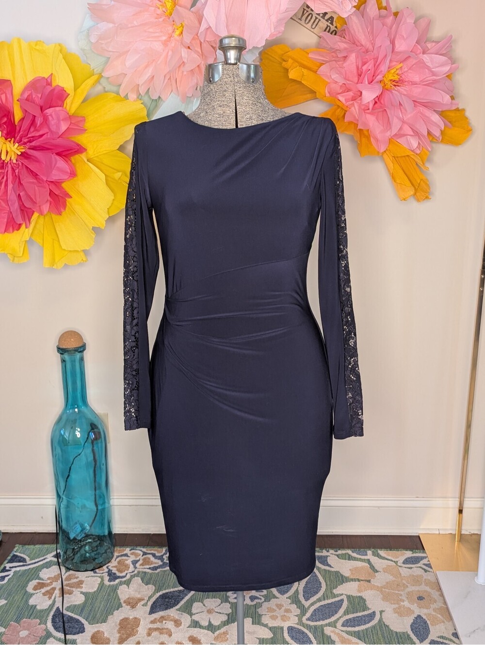 2205 - Lauren Ralph Lauren Navy Blue Sheath Dress with Lace Sleeves Size 4